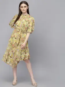 Gipsy Floral Printed Flared Sleeves A-Line Midi Dress