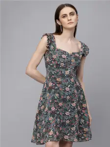 Gipsy Grey Floral Print Georgette Fit & Flare Dress