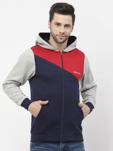 Kalt Hooded Colourblocked Front-Open Fleece Sweatshirt