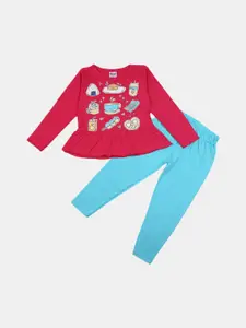 V-Mart Girls Printed Pure Cotton T-shirt with Trousers