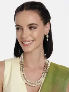 I Jewels Gold-Plated Stone-Studded & Beaded Necklace and Earrings