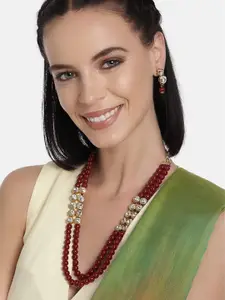 I Jewels Gold-Plated Stone-Studded & Beaded Necklace and Earrings