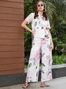 SASSAFRAS Floral Printed Shawl Collar Top With Pants