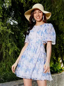 SASSAFRAS Floral Printed Flared Sleeves Cut-Out Detail Fit & Flare Dress