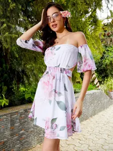 SASSAFRAS Floral Printed Off-Shoulder Cut-Out Detail Fit & Flare Mini Dress