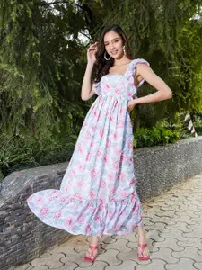 SASSAFRAS Floral Printed Flutter Sleeves Ruffles Fit & Flare Maxi Dress
