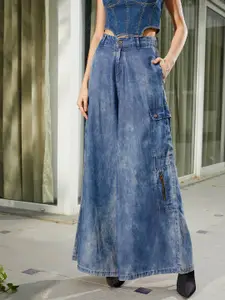 SASSAFRAS Women Acid Wash Pure Cotton Tencel Wide Leg Jeans