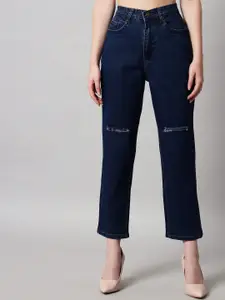 GUTI Women Mom Fit High-Rise Slash Knee Light Fade Stretchable Cotton Jeans