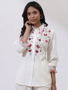 Lakshita Women Floral Embroidered Puff Sleeves Contemporary Casual Shirt