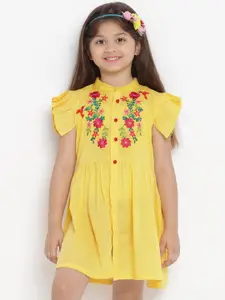 Bitiya by Bhama Girls Floral Embroidered Flutter Sleeves Fit & Flare Dress