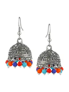 Mahi Silver Plated Contemporary Oxidised Stone Studded Jhumkas Earrings