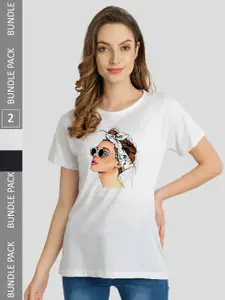 CHOZI Pack of 2 Graphic Printed Round Neck Cotton T-shirts