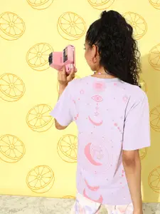 DILLINGER Lavender & Coral Printed Oversized Pure Cotton Longline T-shirt