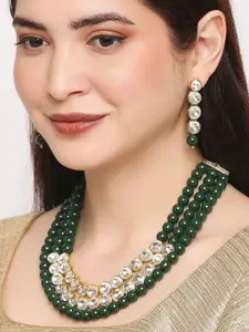 OOMPH Gold Plated Beads & Kundan Multi Layer Long Necklace with Drop Earrings