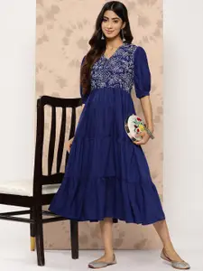 Inddus Floral Embroidered Puff Sleeves Midi Ethnic Dress