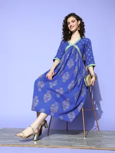 Ahalyaa Blue Floral Print Midi Empire Pure Cotton Ethnic Dress