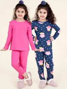 pspeaches Girls Pack Of 2 Conversational Printed Pure Cotton Night Suit