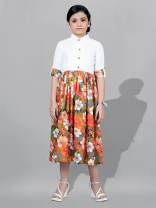 FASHION DREAM Girls Floral Printed Shirt Collar Fit & Flare Midi Dress