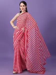 CLEMIRA Red & White Striped Mirror Work Satin Leheriya Saree