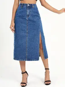 Kotty Slit Hem A-line Denim Midi Skirt