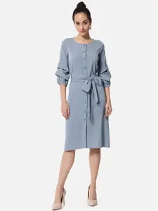 ALL WAYS YOU Puff Sleeves Tie-Up Detail A-Line Dress