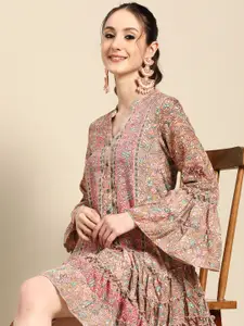 Sangria Floral Print Bell Sleeves Ethnic Dress With Ruffles Detail