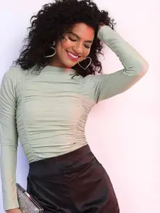 Tokyo Talkies Green Embellished Round Neck Fitted Top