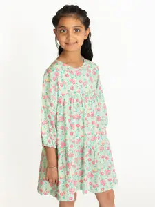 Campana Girls Three Quarter Sleeves Knee Length A-Line Printed Viscose Rayon Dress