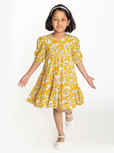 Campana Girls Short Sleeves Knee Length Empire Printed Cotton Dress
