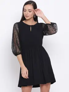 ALL WAYS YOU Keyhole Neck Puff Sleeve Crepe Fit & Flare Dress