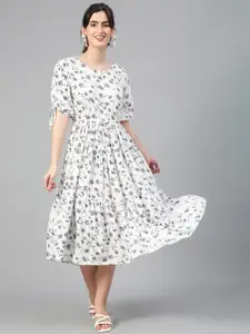 Kotty Floral Printed Puff Sleeves Fit & Flare Midi Dress
