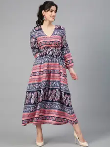 Kotty Ethnic Motifs Printed Puff Sleeves Fit & Flare Maxi Dress