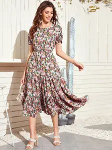 Kotty Floral Printed Puff Sleeves Midi Fit & Flare Dress