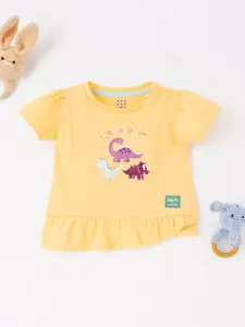 Ed-a-Mamma Baby Girls Puff Sleeves Overlap Hem Dinosaur Printed Cotton T-shirt