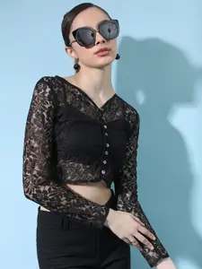Tokyo Talkies Self Design V-Neck Lace Inserts Detail Crop Top