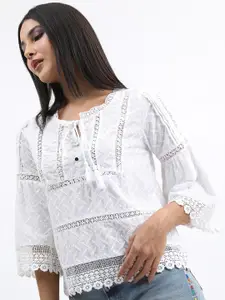 Tokyo Talkies Floral Embroidered Tie-Up Neck Bell Sleeve Top