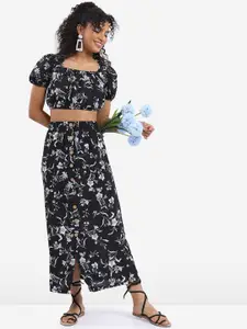Tokyo Talkies Floral Printed Square Neck Puff Sleeves Crop Top With Skirt