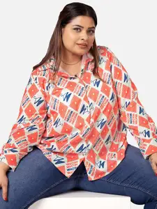 NEOFAA Plus Size Geometric Printed Spread Collar Casual Shirt