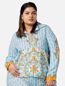 NEOFAA Plus Size Ethnic Printed Spread Collar Casual Shirt