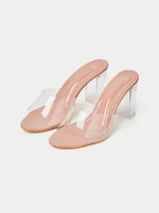Styli Pink & Transparent Open Toe Block Heels