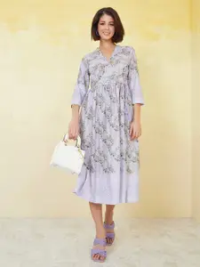Styli Floral Printed Schiffli Cotton Wrap Midi Dress