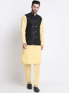 KRAFT INDIA Mandarin Collar Woven Design Kurta with Churidar & Nehru Jacket