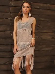 StyleCast Self Design Fringed Sheer A-Line Dress