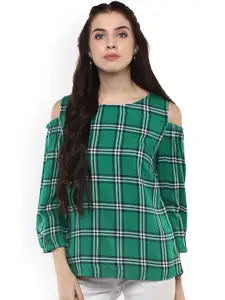 Harpa Women Green Checked Cold Shoulder Top
