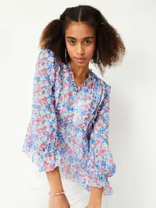 max Floral Printed V-Neck Puff Sleeves A-Line Top