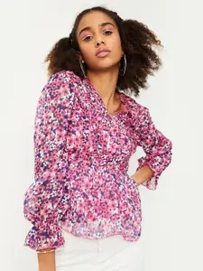 max Floral Printed V-Neck Puff Sleeves Empire Top