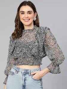 Oxolloxo Abstract Dots Print Smocked & Ruffled Detail Georgette Blouson Crop Top