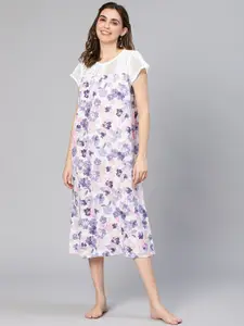 Oxolloxo Floral Printed Pure Cotton Laced Maxi Nightdress