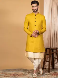 KISAH Men Mandarin Collar Cotton Kurta With Indo-western Sherwani Churidar Set