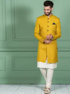 KISAH Men Mandarin Collar Cotton Kurta With Indowestern Sherwani & Churidar Set